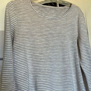 Chico’s 3/4 length sleeve Collection T. Tan/white/silver striped. Gold buttons.